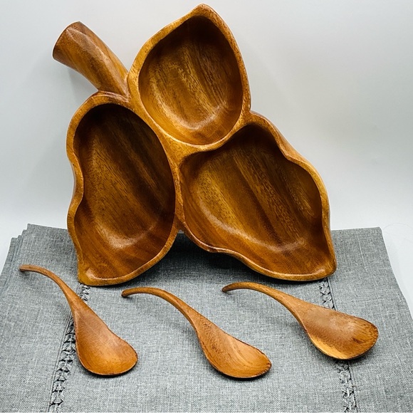 Leaf Carved Tray Monkey Pod Woods of Hawaii 3 Section Divided Serving Dish Spoon